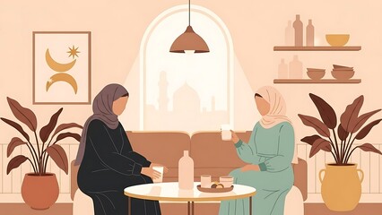 Fototapeta premium Two Muslim Women Enjoying Coffee and Conversation in a Cozy Cafe.