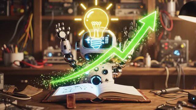 A curious robot with a glowing bulb head studies at a cluttered workshop surrounded by tools nearby