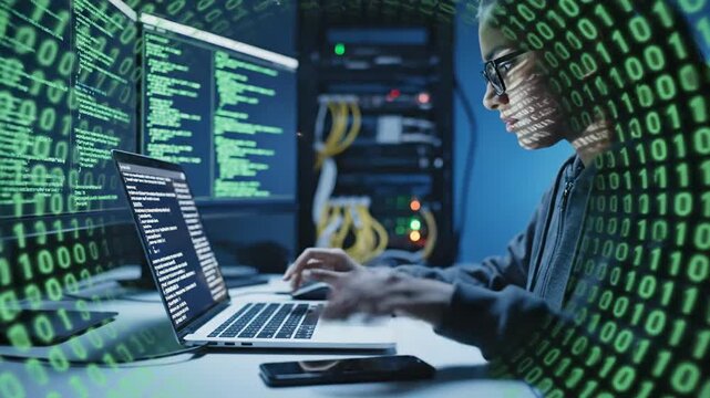 Intense hacker in a hoodie types on a laptop beside glowing code screens and stacked servers today!!