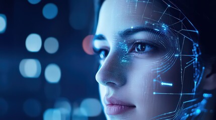 A futuristic woman with a digital grid overlay on her face in a dark blue background
