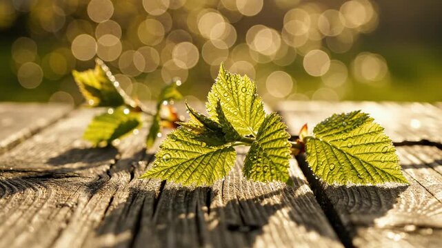 Sunlit wooden surface with fresh green leaves; dew beads, warm bokeh blur in background.. Soft glow