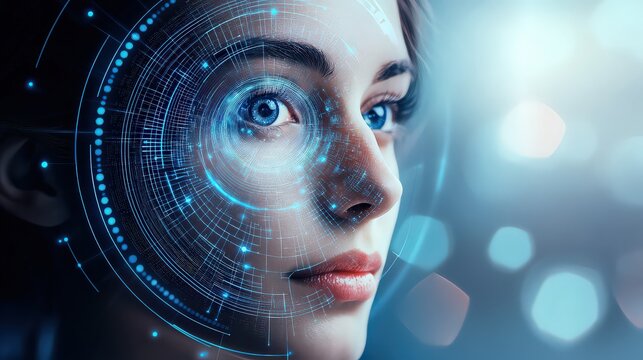 A futuristic woman with a digital interface overlaid on her face, representing the intersection of technology and humanity. - Powered by Adobe