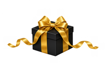 Black gift box with golden ribbon and bow, symbolizing luxury, celebration, and special surprise gifts