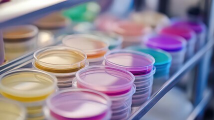 A laboratory setting with multiple petri dishes containing various colorful liquids and substances for scientific research and experimentation.