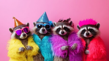 Raccoons celebrate together in bright outfits with fun accessories for a birthday party invitation