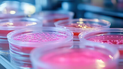 Fototapeta premium A close-up view of petri dishes containing pink and red substances in a laboratory setting.