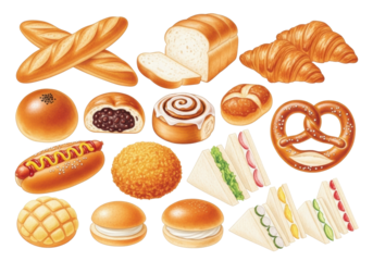 Vibrant watercolor illustration of diverse freshly baked goods and breads, artfully arranged on a bright white background. Delicious bakery items and snacks concept