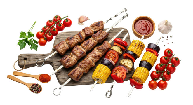 Charred meat and veggie kebabs, juicy, on rustic wooden board with dipping sauce, spices, herbs, against white background with copy space, appetizing barbecue concept