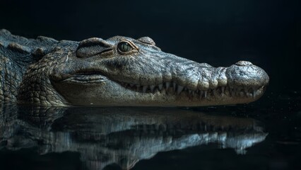 Obraz premium Close-up profile of a fearsome crocodile lurking in dark water with detailed reflection