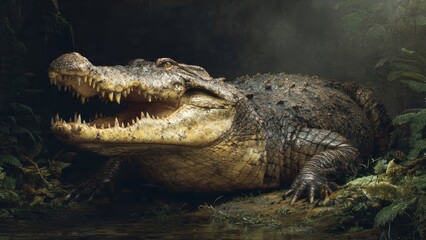 Obraz premium Close-up of a fearsome crocodile with mouth open, showing sharp teeth, in a dark, humid jungle environment with lush green foliage.