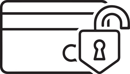 Minimalist line art vector featuring a credit card with an unlocked padlock, symbolizing accessible credit, card activation, or a potential security vulnerability in banking.