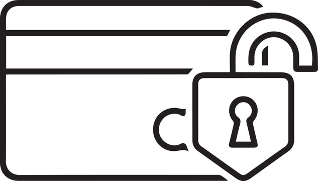 Minimalist line art vector featuring a credit card with an unlocked padlock, symbolizing accessible credit, card activation, or a potential security vulnerability in banking.