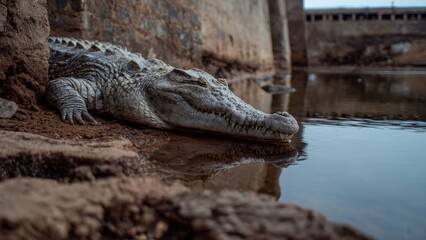 Obraz premium Close-up of a Nile Crocodile resting on muddy shore near water, with its reflection visible