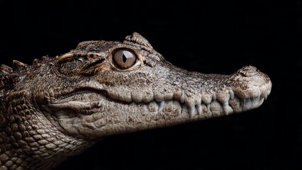 Obraz premium Close-up profile of a crocodile's head with sharp teeth and textured skin against a black background
