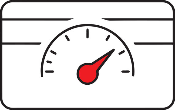 A minimalist vector icon of a credit card featuring a speedometer or gauge with a red needle pointing to the right, illustrating a credit limit, high score, or financial measurement.