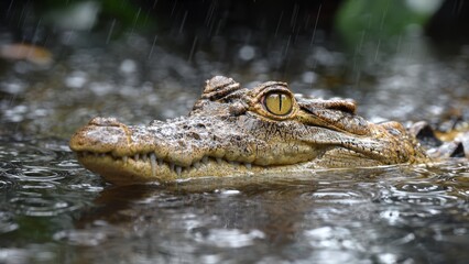 Fototapeta premium Close-up of a crocodile's head emerging from murky water during rainfall, with ripples on the surface and dramatic lighting.
