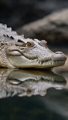 Obraz premium Close-up of a crocodile's head with sharp teeth, emerging from calm water with reflection