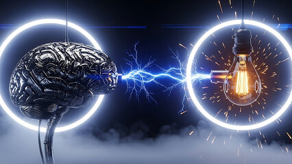 artificial intelligence concept metallic brain powering an electrical spark to an idea light bulb symbolizing innovation and deep learning tech.