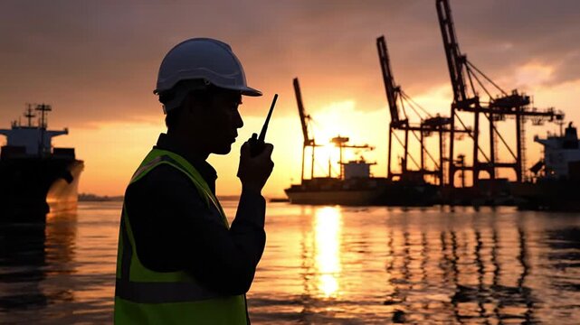 Silhouette of port worker using two-way radio for vital communication in a cargo shipping terminal at sunset. Emphasizes safety, logistics, supply chain, and efficient global transport operations.