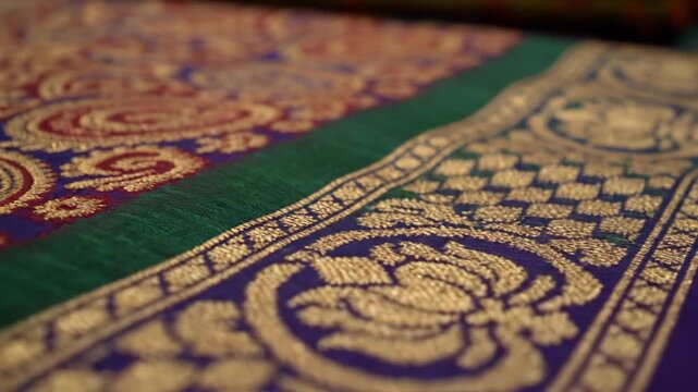 Intricate Gold Zari Brocade Fabric Close Up Traditional Indian Textile