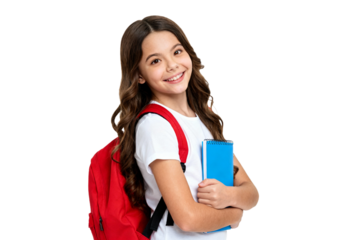 Smiling Schoolgirl with Red Backpack and Book