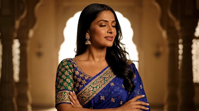 Elegant Indian Woman in Royal Blue Saree Traditional Attire