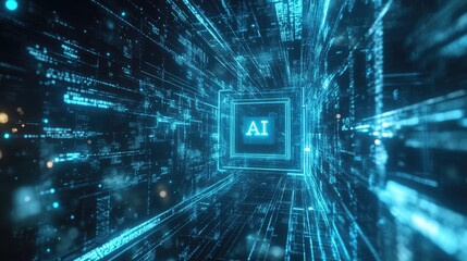 AI letters in a frame in cyberspace. Virtual reality, programming and information technology of the future. Artificial intelligence, digital code data and cybersecurity