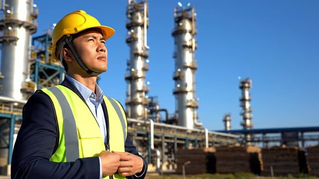 Professional Asian engineer in hard hat and vest overseeing a modern refinery or industrial plant. Emphasizes safety, efficiency, and technological innovation in energy, oil, and gas sectors.