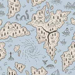 Seamless vector map pattern with islands, seas, and rivers. Adventure. Geographic wallpaper for children design.