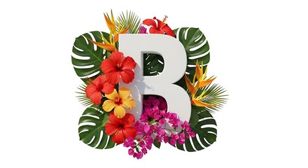 Lush botanical letter R, adorned with a vibrant collection of tropical flowers and exotic green leaves, perfect for summer designs and nature-inspired typography