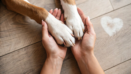 Dog paws with a spot in the form of heart and human hand close up, top view.