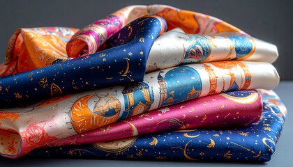 islamic patterned silk scarves neatly stacked showcasing intricate mosque and celestial designs for ramadan eid and cultural textile marketing.