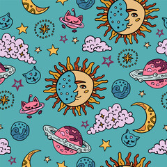 A cosmic fantasy backdrop for teenagers and small children. Fun zodiac and tarot cards. Fortune telling and magic. Space and stars seamless pattern with astrology. The Sun, the Moon and the Stars