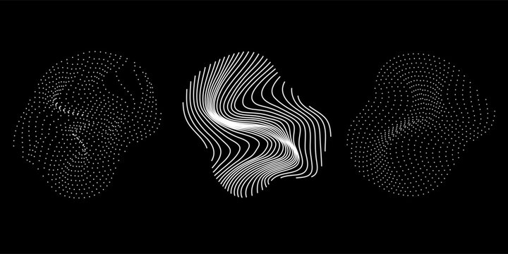 Set of spheres made of particles and wavy lines, fluid geometric shapes. Technology and science abstract illustration.