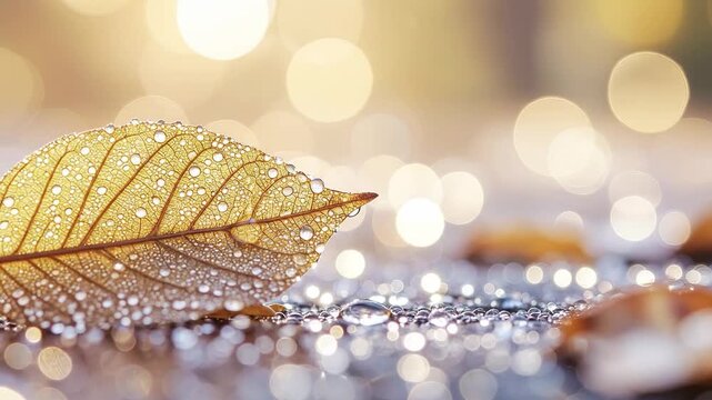 Close-up of a delicate leaf skeleton covered in water droplets, soft bokeh background.