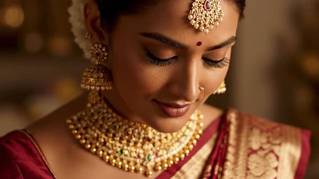 Elegant Indian Bride Portrait Traditional Saree Gold Jewelry