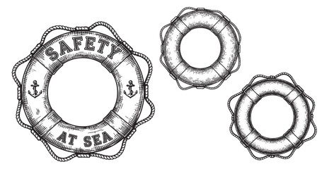 Life buoy engraving illustration for maritime safety branding © Gabut Stock