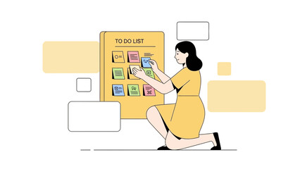 Woman organizing tasks on a to-do list board with sticky notes, planning and productivity concept