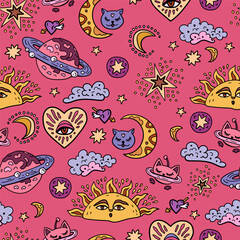 A cosmic fantasy backdrop for teenagers and small children. Fun zodiac and tarot cards. Fortune telling and magic. Space and stars seamless pattern with astrology. The Sun, the Moon and the Stars