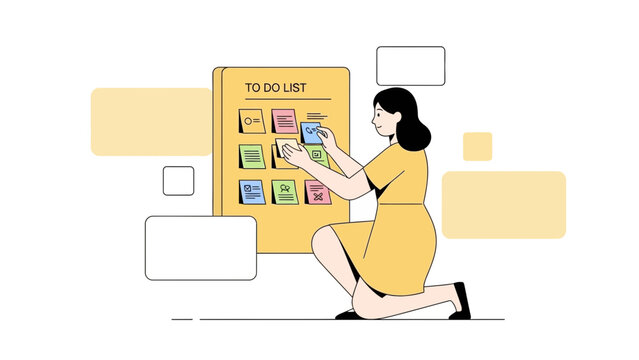 Woman organizing tasks on a to-do list board with sticky notes, planning and productivity concept - Powered by Adobe