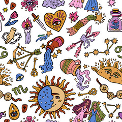 Space and stars seamless pattern with Western astrology. Zodiac animals. A cosmic fantasy backdrop for teenagers and small children. Fun zodiac and tarot cards. Fortune telling and magic