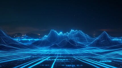 Conceptual landscape features mountains with blue neon lines and flowing data city lights in a futuristic scene at night