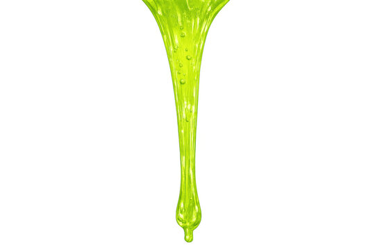 Green slime flowing and dripping with bubbles on isolated transparent background representing liquid, toxic, or goo