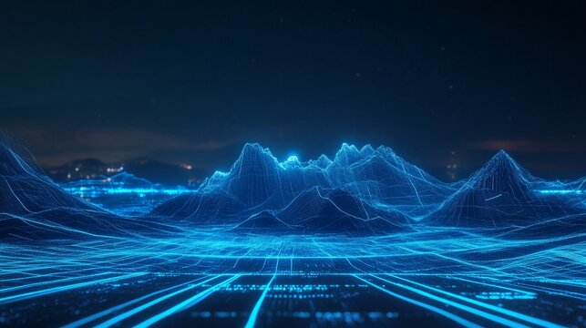 Conceptual landscape features mountains with blue neon lines and flowing data city lights in a futuristic scene at night - Powered by Adobe