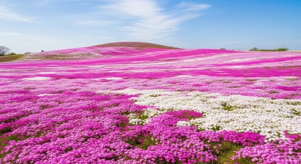 Fototapeta premium A field of shibazakura (moss phlox) in spring, a carpet of pink and white flowers, vibrant and colorful