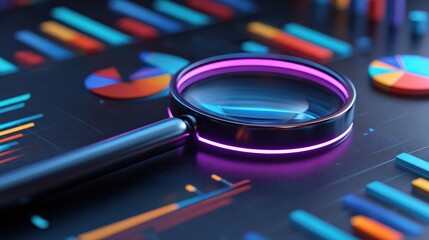 A vibrant magnifying glass highlights colorful data visualizations on a sleek black surface, showcasing charts and graphs for analysis.
