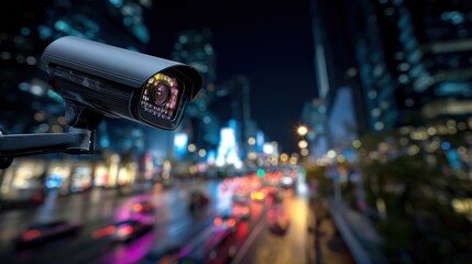 A surveillance camera monitors a bustling city street at night, capturing vibrant lights and movement in an urban setting.
