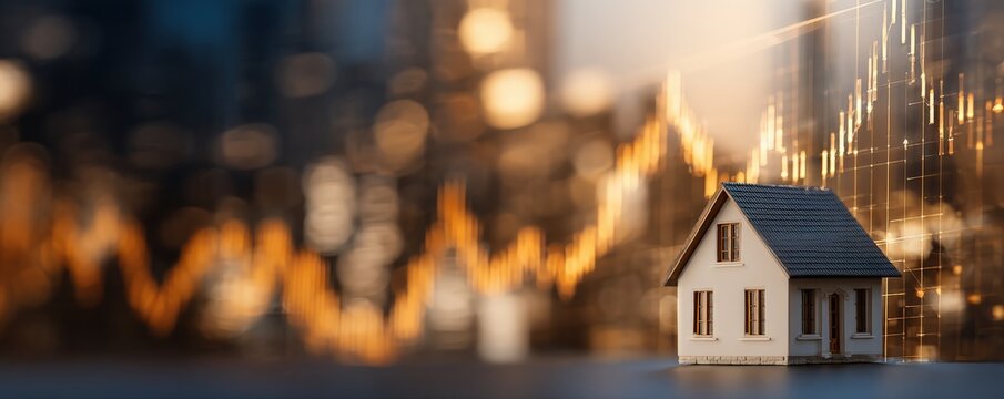 A small model house stands in front of a blurred cityscape and financial graph, symbolizing real estate and economic trends. - Powered by Adobe