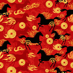  Lunar New Year Seamless Pattern of Black Horses with Fiery Manes and Tails on a Red Background with Chinese Coins. EPS Editable