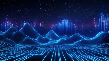 Futuristic landscape featuring mountains and blue neon lines with flowing data city lights in background at night